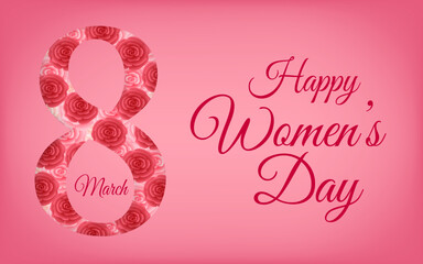 Happy Women's Day banner. International Women's Day. March 8 number decorated with red roses in paper cut style