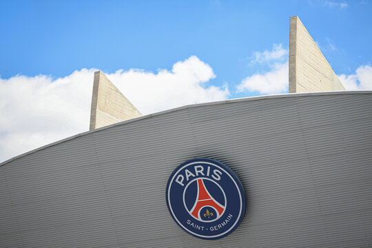 The Paris-Saint-Germain (PSG) stadium (from exterior with the logo), the Parc des Princes, home pitch of the French Ligue 1 football club. in Paris, France on July 5, 2022.