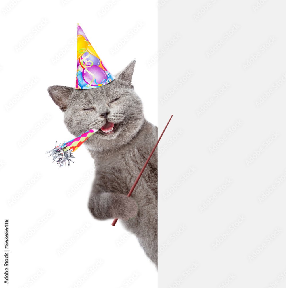 Poster happy cat wearing party cap blows in party horn and points on empty white banner. isolated on white 