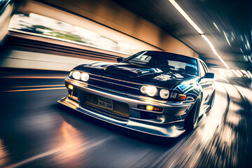 Japanese car in street rally. Motion Blur effect. Jdm culture. Sport car in city street. Generative AI