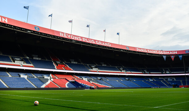 The lawn of Paris-Saint-Germain (PSG) stadium (interior), the Parc des Princes, home pitch of the French Ligue 1 football club, in Paris, France on July 5, 2022.