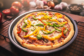 Top view of pizza ingredients and spices preparation on wood table, Homemade pizza cooking in the kitchen at home.