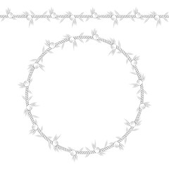 Seamless pattern and frame of the cord with juniper. Isolated objects on white.