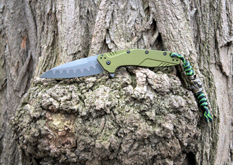 Folding knife cutting colored stainless steel blade green aluminum handle lanyard paracord green bronze bead brown wood macro background