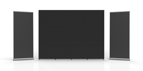 Black Exhibition Fabric Wall Banner Cloth Straight Display Stand isolated on a white background and 3d rendered for mockup and illustrations