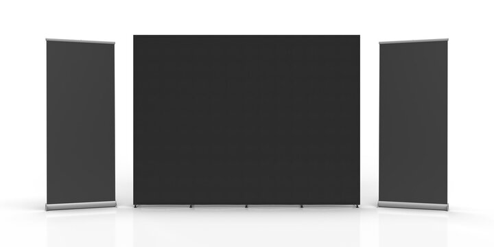 Black Exhibition Fabric Wall Banner Cloth Straight Display Stand isolated on a white background and 3d rendered for mockup and illustrations
