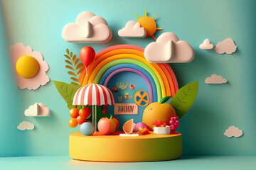 3d rendering of Summer vacation concept,colorfull podium display with summer elements