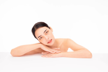 Beautiful Asian Young woman with clean fresh skin on isolated on white background Beauty Face care Facial skin care Cosmetology Beauty and Spa Facial treatment Concept Asian female portrait At Studio 