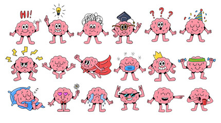 Brain emotion vector cartoon character cute faces set collection human nervous system flat illustration mascot icon design concept mind care