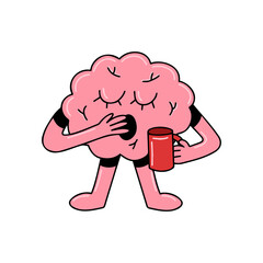 Brain emotion vector cartoon character cute face sleepy tired morning coffee cup yawn overworked need rest isolated on white background