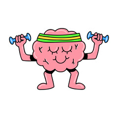 Brain emotion vector cartoon character cute face workout lifting dumbbells sportsman healthy lifestyle sport isolated on white background