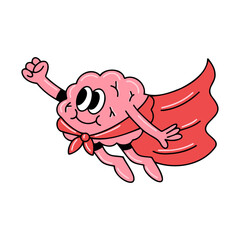 Brain emotion vector cartoon character cute face flying superhero superman wear red cape confident inspiration isolated on white background