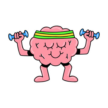 Brain emotion vector cartoon character cute face workout lifting dumbbells sportsman healthy lifestyle sport isolated on white background