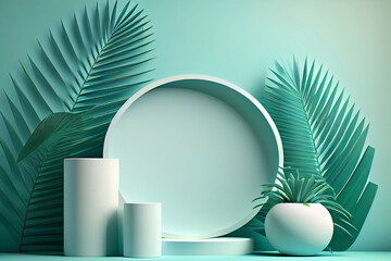Abstract white round corner pedestal podium, Light blue empty room with green palm leaf
