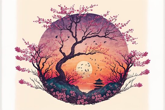 Artistic landscape with cherry blossoms and sunset, painted with watercolor texture in vintage style. AI