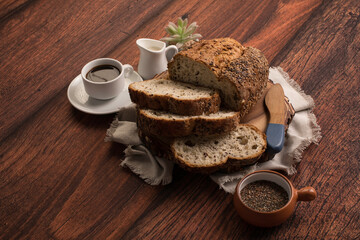 Freshly baked wheat bread loaf breakfast table