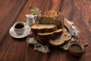 Freshly baked wheat bread loaf breakfast table