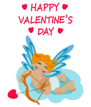 Happy Valentine's day. Cupid with bow on the cloud. Valentines day. Cute Amur. Love. The 14th of February. Valentine. Love. Romantic card. Vector illustration