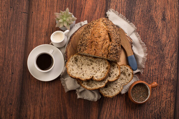 Freshly baked wheat bread loaf breakfast table