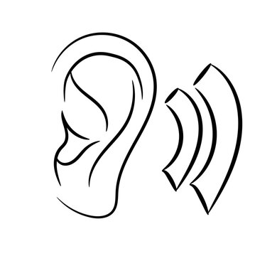 Human ear with sound waves hand drawn outline doodle icon. Human ear as a concept of listening and sound vector sketch illustration for print, web, mobile and infographics isolated on white background
