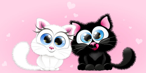 Cute cartoon fluffy black and white cat couple in love