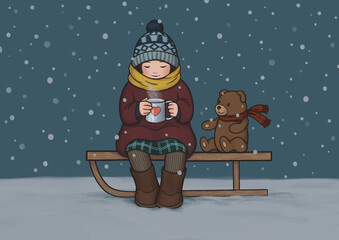 Girl and teddy bear.