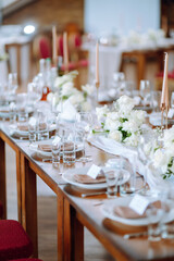 Table set for wedding or another catered event dinner ceremony. Wedding, birthday, party, event concept.