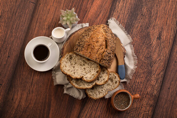 Freshly baked wheat bread loaf breakfast table