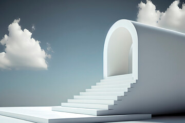 Front view of white podium and stairway with blank space in blue cloudy sky background