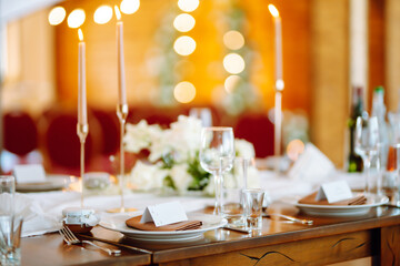 Table set for wedding or another catered event dinner ceremony. Wedding, birthday, party, event concept.