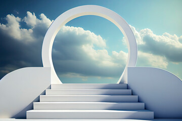 Front view of white podium and stairway with blank space in blue cloudy sky background