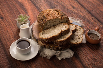 Freshly baked wheat bread loaf breakfast table