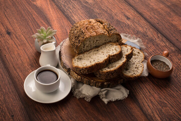 Freshly baked wheat bread loaf breakfast table