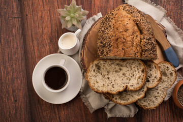 Freshly baked wheat bread loaf breakfast table