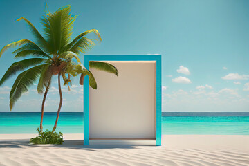 Summer tropical background, Podium on sand beach on sea background