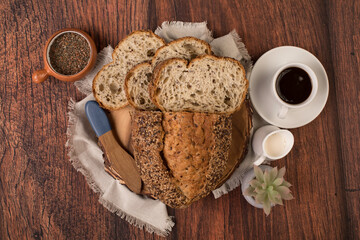 Freshly baked wheat bread loaf breakfast table