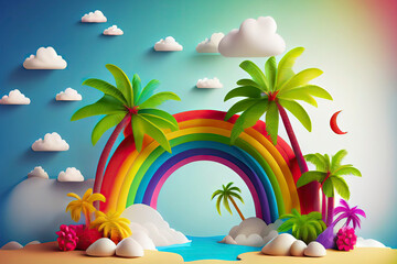 Fototapeta na wymiar Summer vacation realistic design template. 3d render scene tropical
