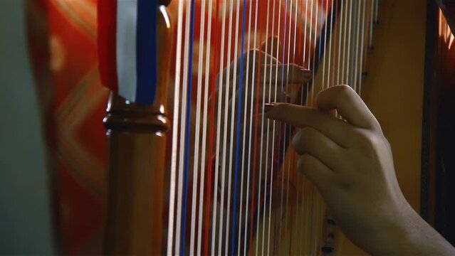 Hands of a Young Woman Playing a Paraguayan Harp. Close Up. 4K Resolution.
