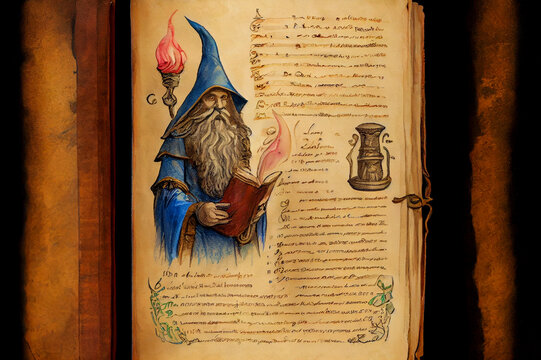 An Open Page With Magic Drawing And Text In Wizard Book, Ai Illustration