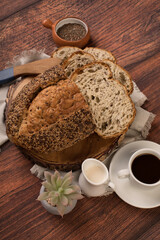 Freshly baked wheat bread loaf breakfast table