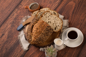 Freshly baked wheat bread loaf breakfast table