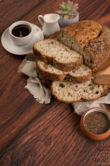 Freshly baked wheat bread loaf breakfast table