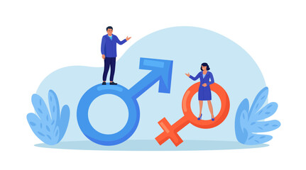 Gender business gap. Businessman and woman standing on gender symbol. Female discrimination. Inequality between men and women wage and career opportunity, salary disparity. Unequal rights