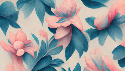 Flower background. Floral artwork. Fantasy nature. Pink blue color petals leaves painting abstract decorative design art illustration.