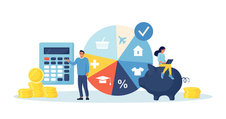 Budget planning. People analyzing personal or corporate budget. Finance accounting and calculation of financial income and expenses. Man standing near round pie chart with indication of spendings