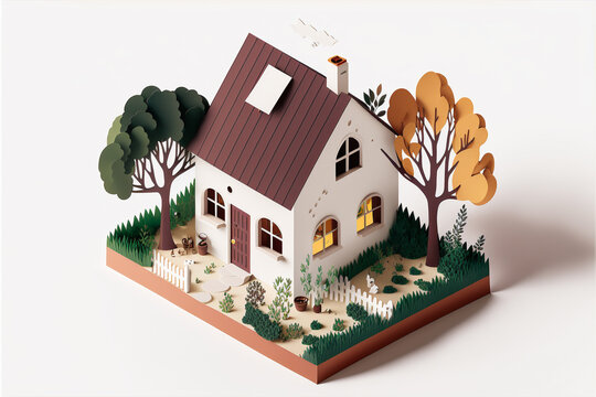 Cut Paper Sculpture Illustration of Small House - Generative AI.