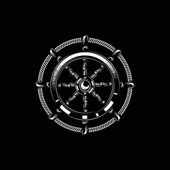 Original monochrome vector emblem of a ship steering wheel in vintage style.