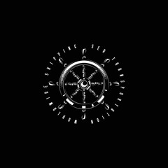 Original monochrome vector emblem of a ship steering wheel in vintage style.