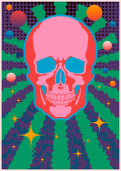 Vintage Psychedelic Style Skull Poster. 1960-1970s Retro Design Abstract Colorful Illustration