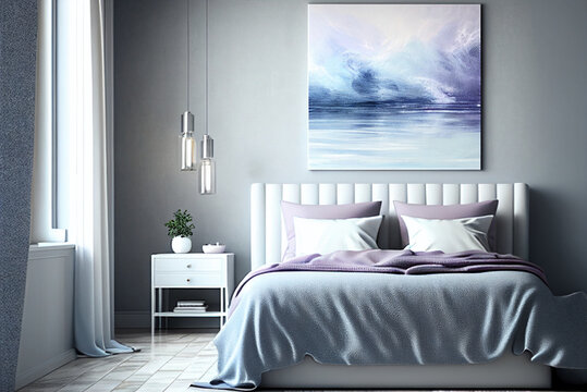 Gorgeous contemporary designer bedroom in soft pale tranquil purple blue and white, generative ai, digital art
